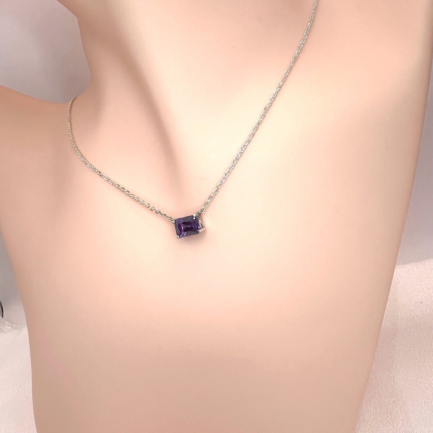 Solid 14K Gold Emerald Cut Birthstone Necklace, 925 Sterling Silver 7x5mm Dainty Rectangle Plain Charm Pendant, Personalized Gift for Her