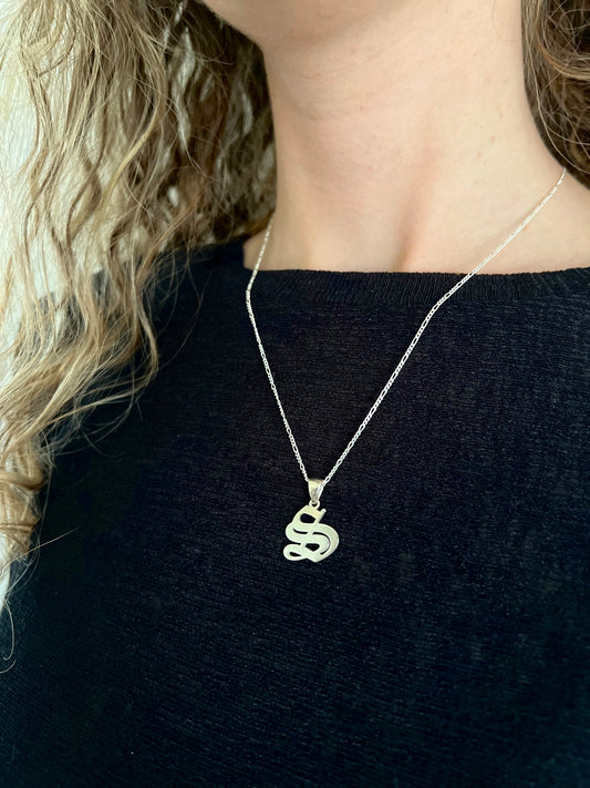 Gothic Old English Script Initial Necklace - Everyday Jewelry - Sanded Finish - All Day Wear - Nickel Free & Anti-Tarnish