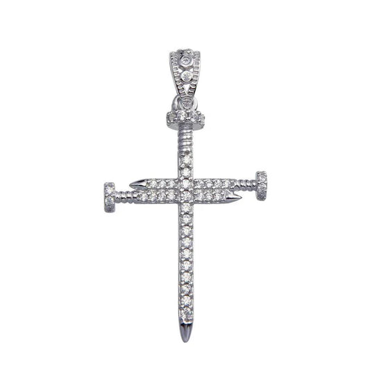 925 Sterling Silver Rhodium Plated Cubic Zirconia Nail Cross with Plain Back - Double Sided