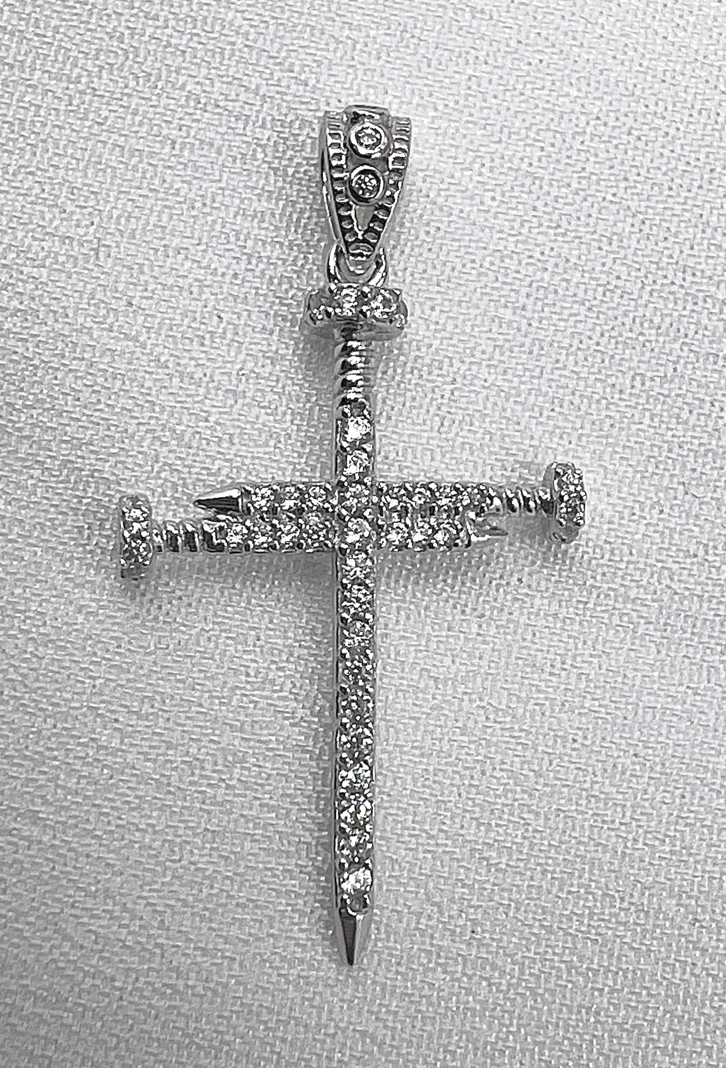 925 Sterling Silver Rhodium Plated Cubic Zirconia Nail Cross with Plain Back - Double Sided