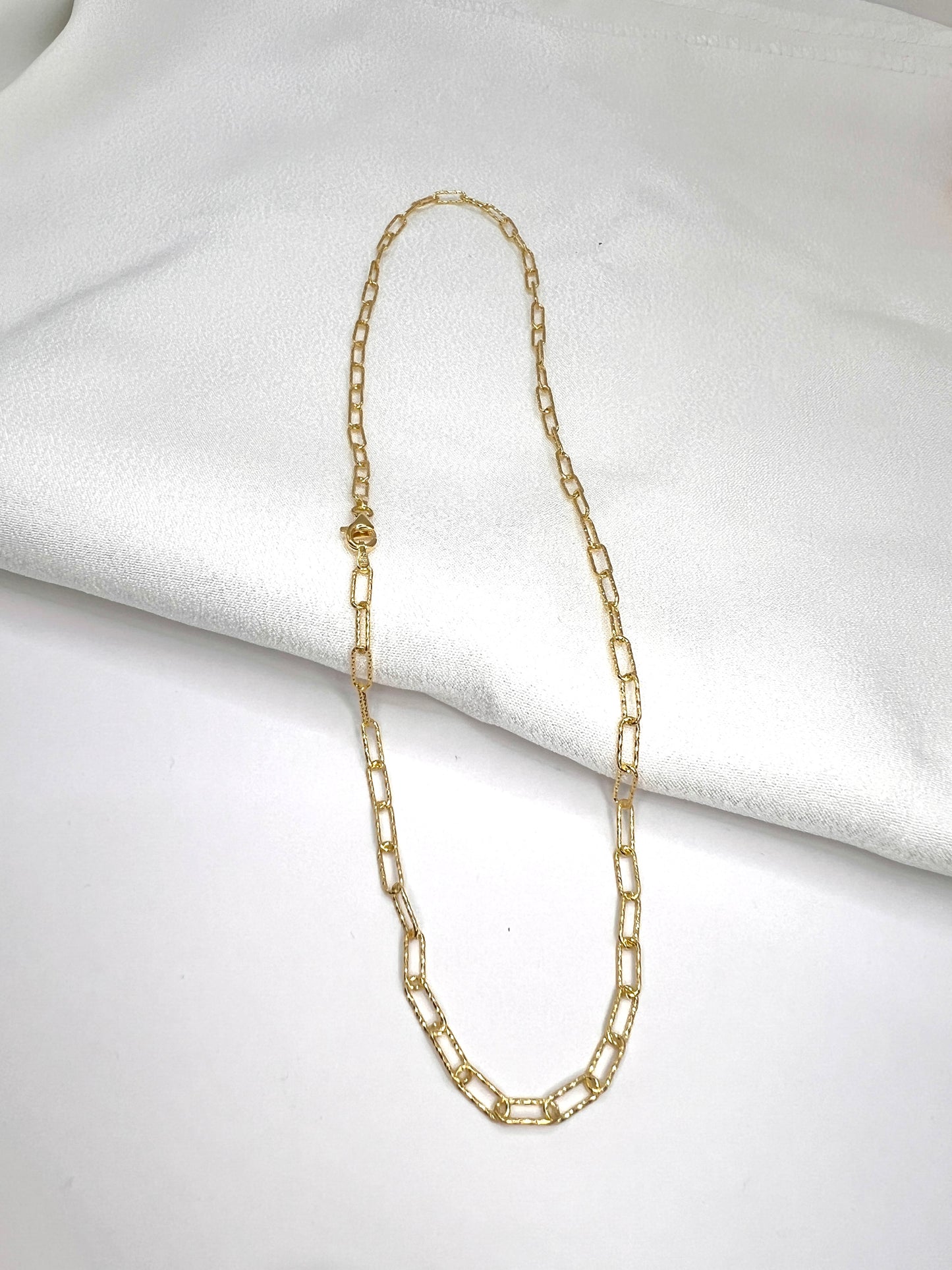 Textured Mesh Paperclip Chain 925 Sterling Silver, Diamond Cut Elongated Link Necklace, 14K Gold Plated or Rhodium Plated Streetwear