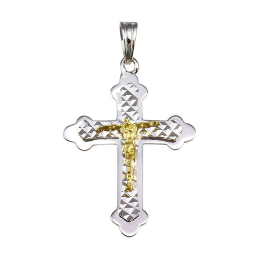 925 Sterling Silver Rhodium-plated Diamond Cut Cross Crucifix Pendant - Two Tone 14K Gold Plated Jesus