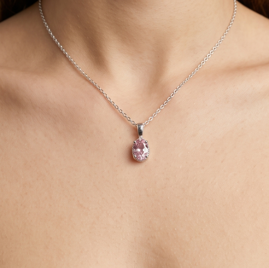 Solid 14K Gold Oval Birthstone Necklace, 925 Sterling Silver 6mm Grain Fancy Beaded Charm Pendant, Personalized Real Gold Birthday Gift for Her Stackable