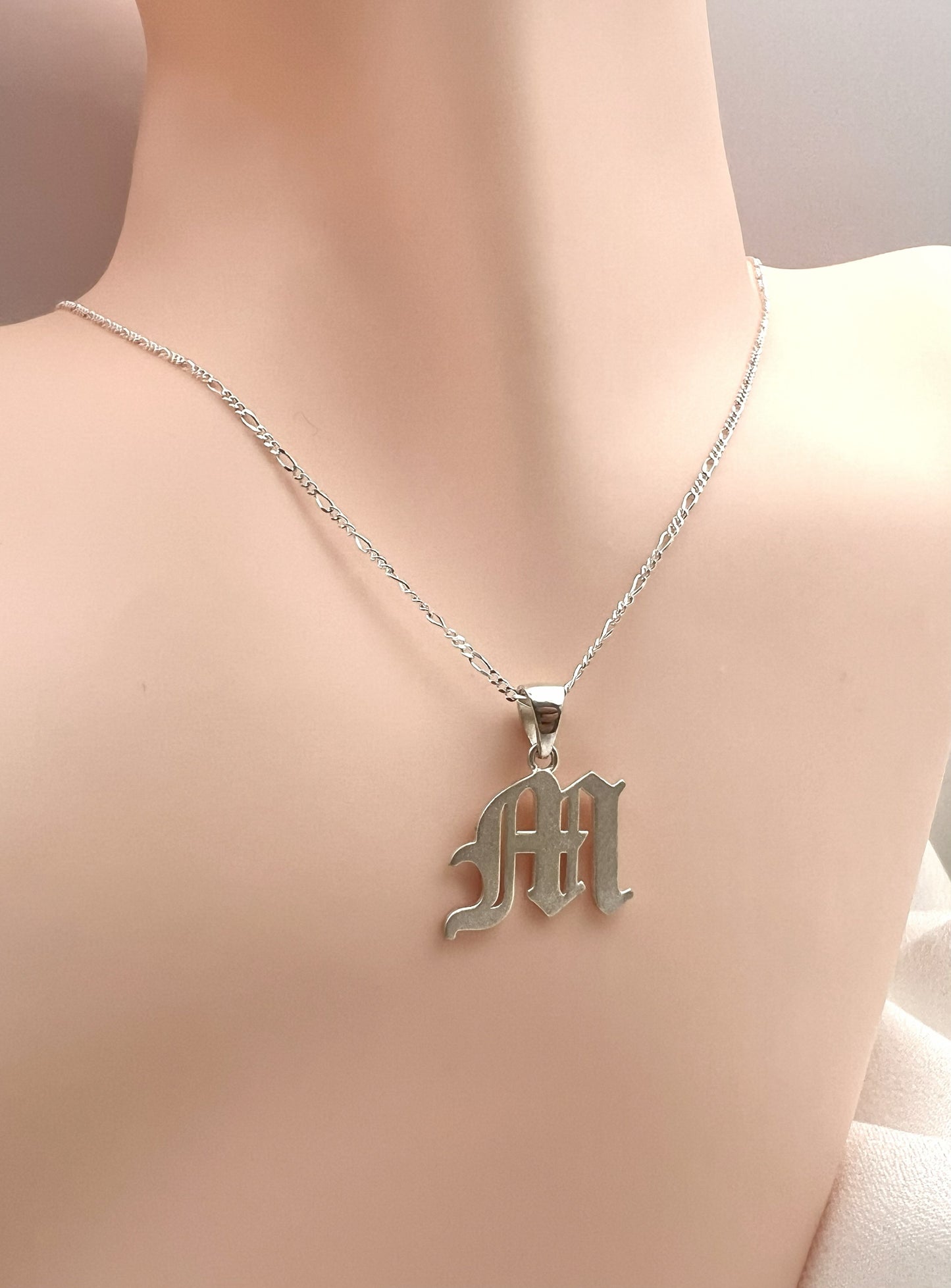 Gothic Old English Script Initial Necklace - Everyday Jewelry - Sanded Finish - All Day Wear - Nickel Free & Anti-Tarnish