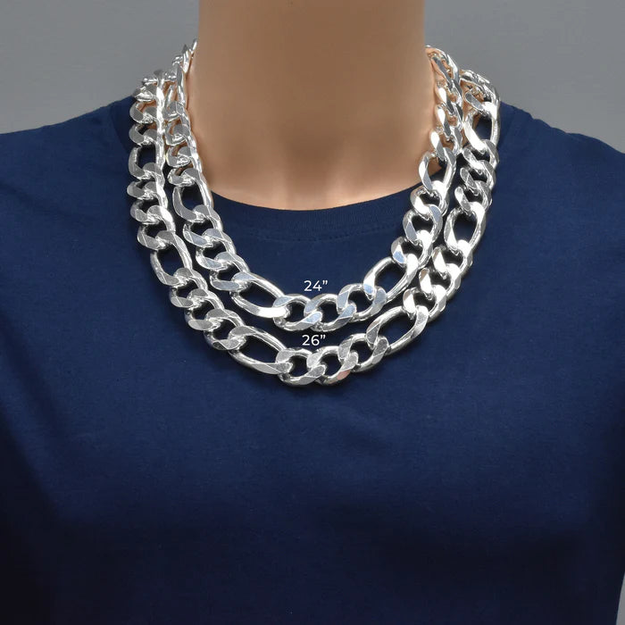 Solid 925 Sterling Silver Figaro Chain Necklace, Flat Curb Figaro, Classic 3+1 Link Necklace for Men & Women, Link Chain for Large Pendants