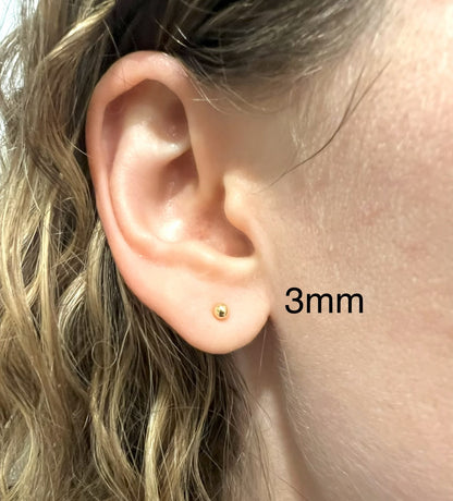 14K Gold Plated Ball Stud Earrings, 925 Sterling Silver Bead Studs for Men & Women, Dainty 3mm Minimalist to Bold 10mm Spherical Piercing