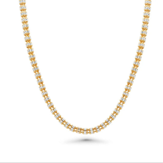 Solid 925 Sterling Silver Four Sided Ice Chain, 3.6mm Two Tone Gold Plated Bling Necklace, Diamond Cut Textured Matrix Chain for Men & Women