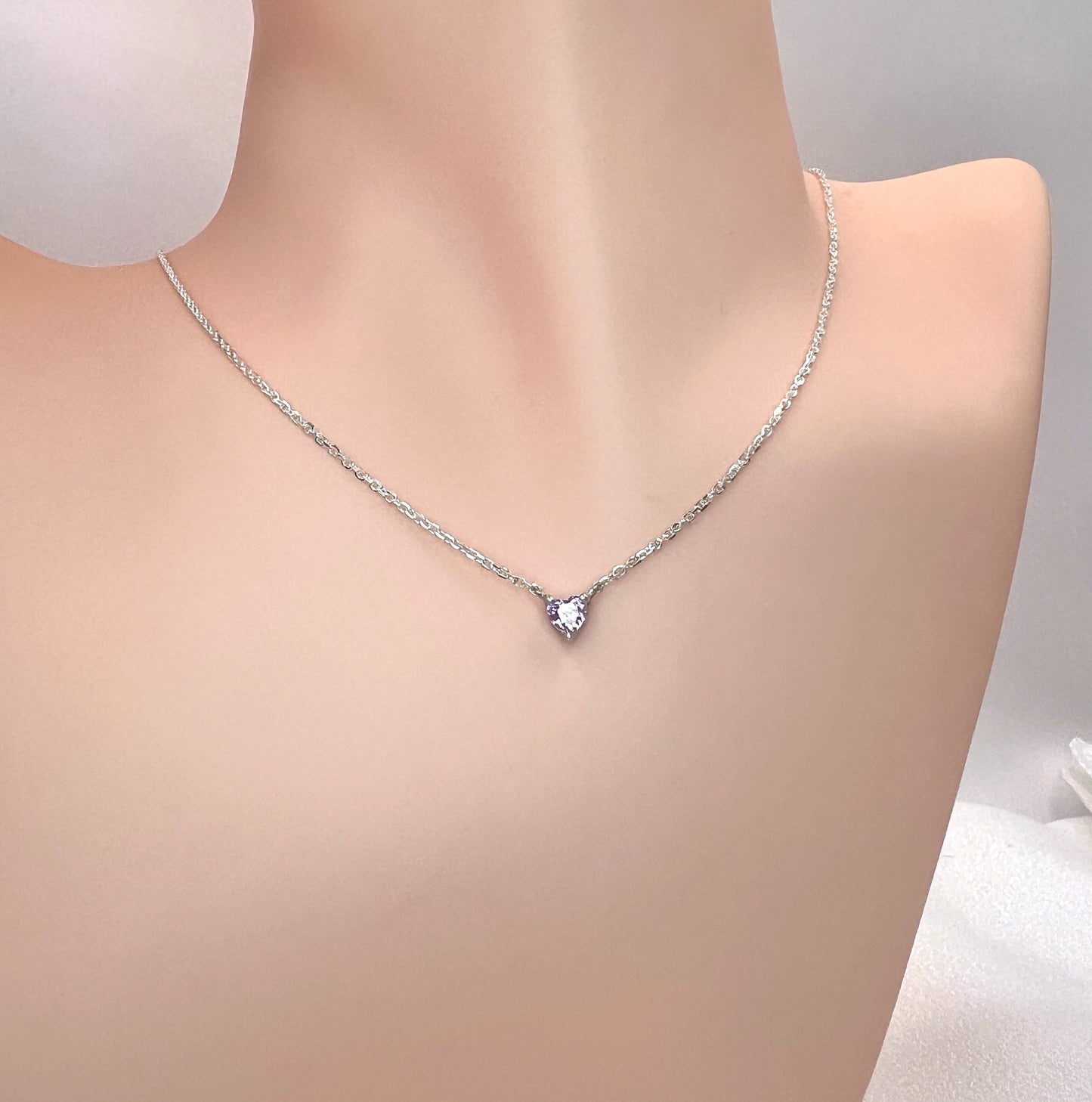 Solid 14K Gold Heart Birthstone Necklace, 925 Sterling Silver 4mm Small Dainty Love Charm Pendant, Personalized Birthday Gift for Her