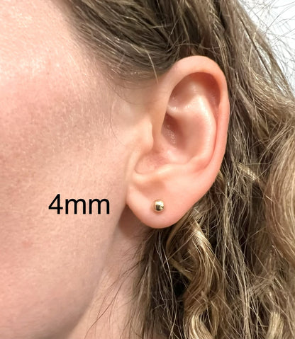 14K Gold Plated Ball Stud Earrings, 925 Sterling Silver Bead Studs for Men & Women, Dainty 3mm Minimalist to Bold 10mm Spherical Piercing