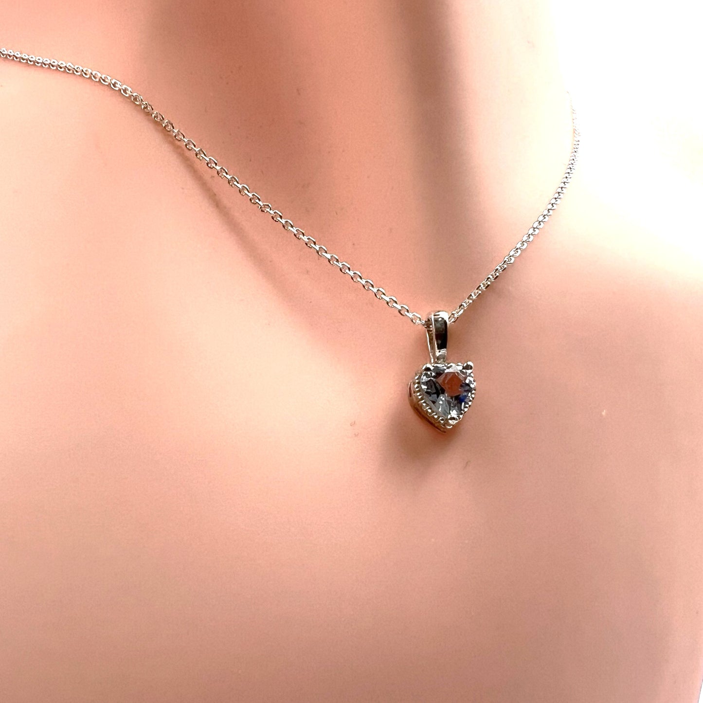 Solid 14K Gold Heart Birthstone Pendant, 925 Sterling Silver 5mm Grain Fancy Beaded Charm Necklace, Personalized Gift for Her Stackable