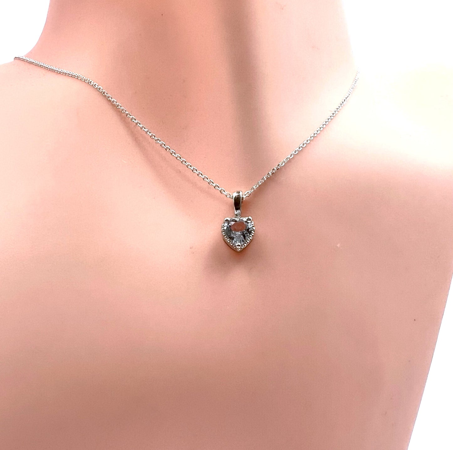 Solid 14K Gold Heart Birthstone Necklace, 925 Sterling Silver 5mm Grain Fancy Beaded Charm Pendant, Personalized Birthday Gift for Her