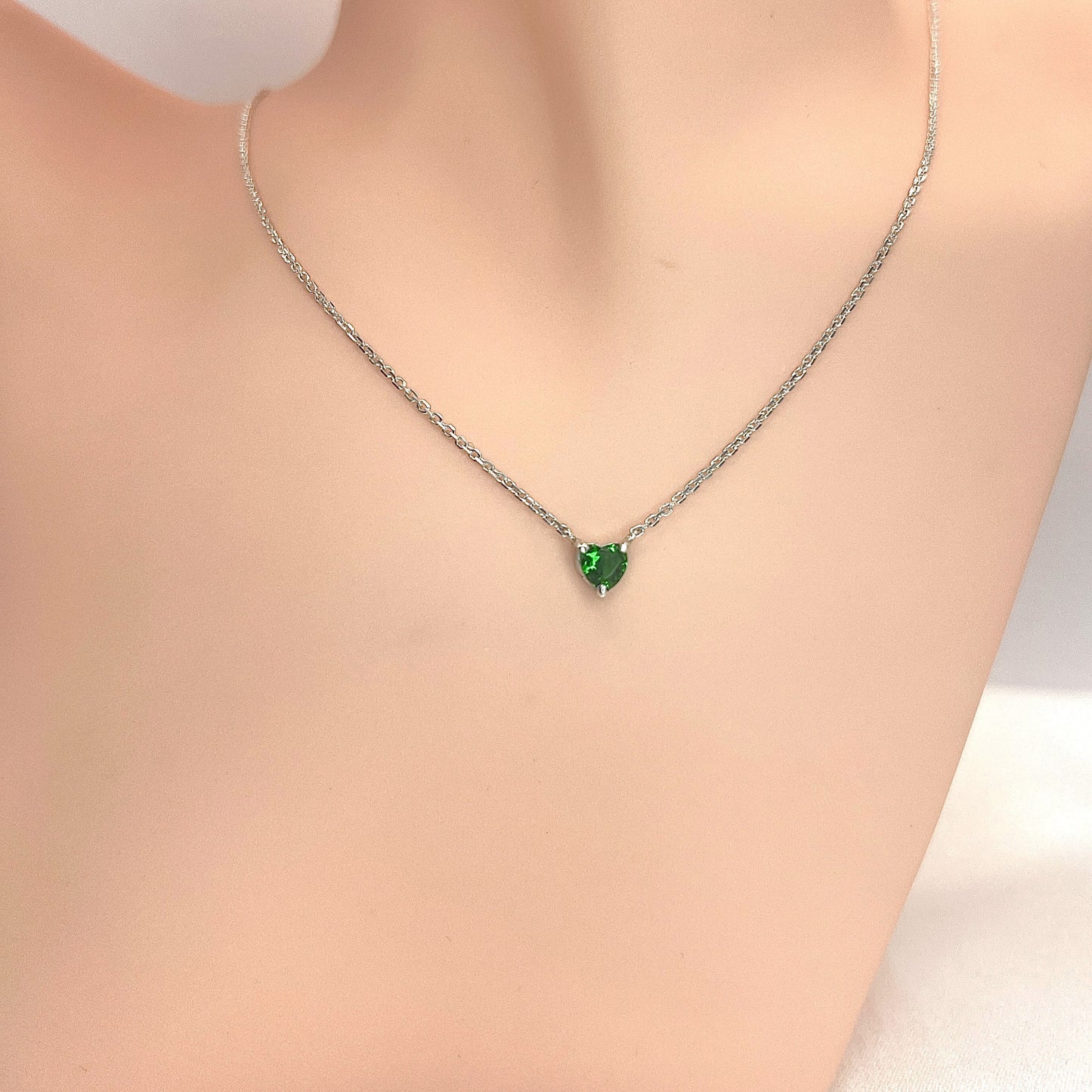 Solid 14K Gold Heart Birthstone Necklace, 925 Sterling Silver 5mm Dainty Love Charm Pendant, Personalized Birthday Gift for Her Stackable