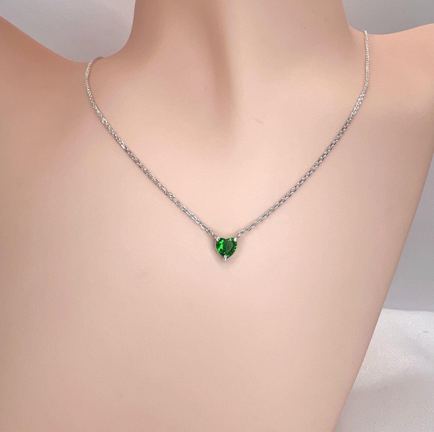 Solid 14K Gold Heart Birthstone Necklace, 925 Sterling Silver 5mm Dainty Love Charm Pendant, Personalized Birthday Gift for Her Stackable