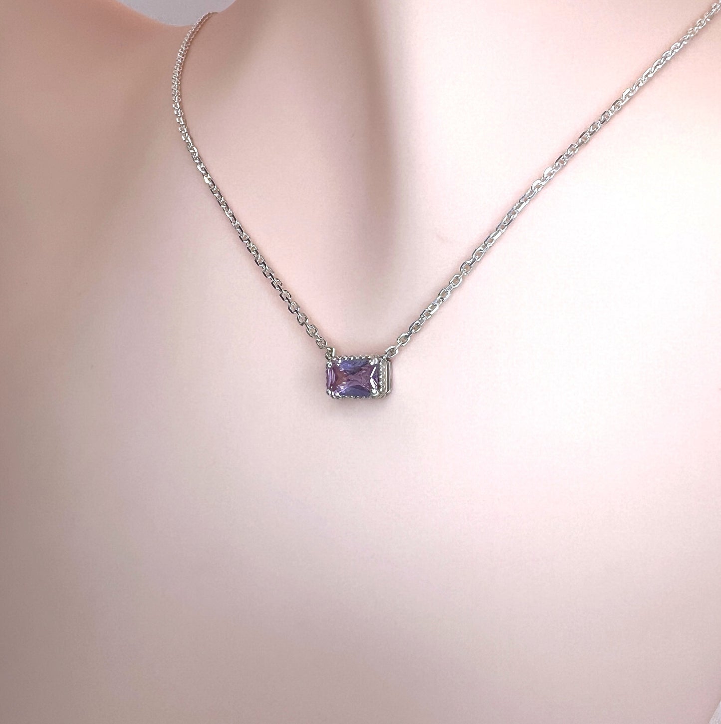 Solid 14K Gold Emerald Cut Birthstone Necklace, 925 Sterling Silver 6x4mm Dainty Rectangle Fancy Charm Pendant, Personalized Gift for Her