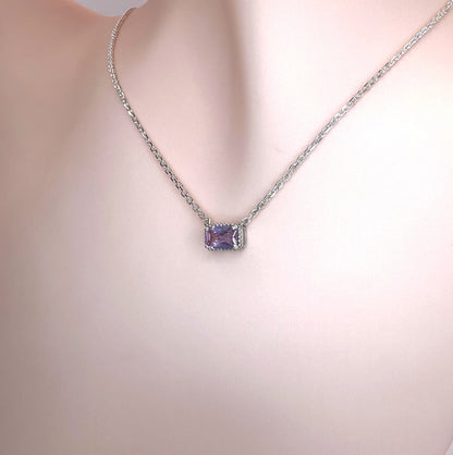 Solid 14K Gold Emerald Cut Birthstone Necklace, 925 Sterling Silver 6x4mm Dainty Rectangle Fancy Charm Pendant, Personalized Gift for Her