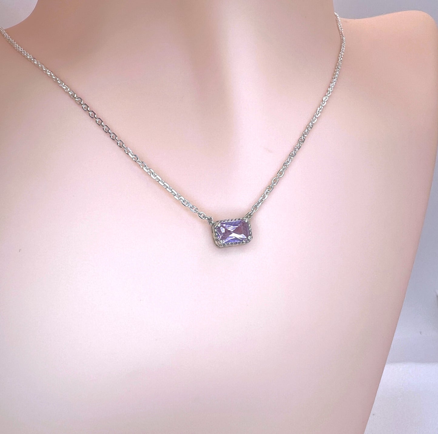 Solid 14K Gold Emerald Cut Birthstone Necklace, 925 Sterling Silver 6x4mm Dainty Rectangle Fancy Charm Pendant, Personalized Gift for Her