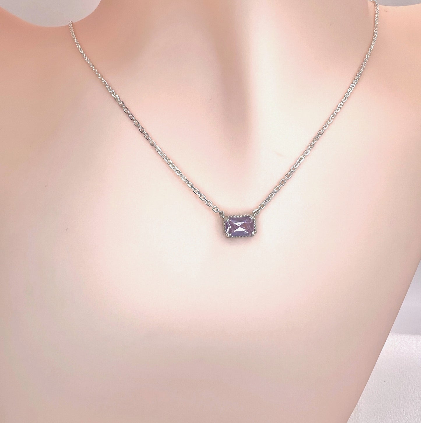 Solid 14K Gold Emerald Cut Birthstone Necklace, 925 Sterling Silver 6x4mm Dainty Rectangle Fancy Charm Pendant, Personalized Gift for Her