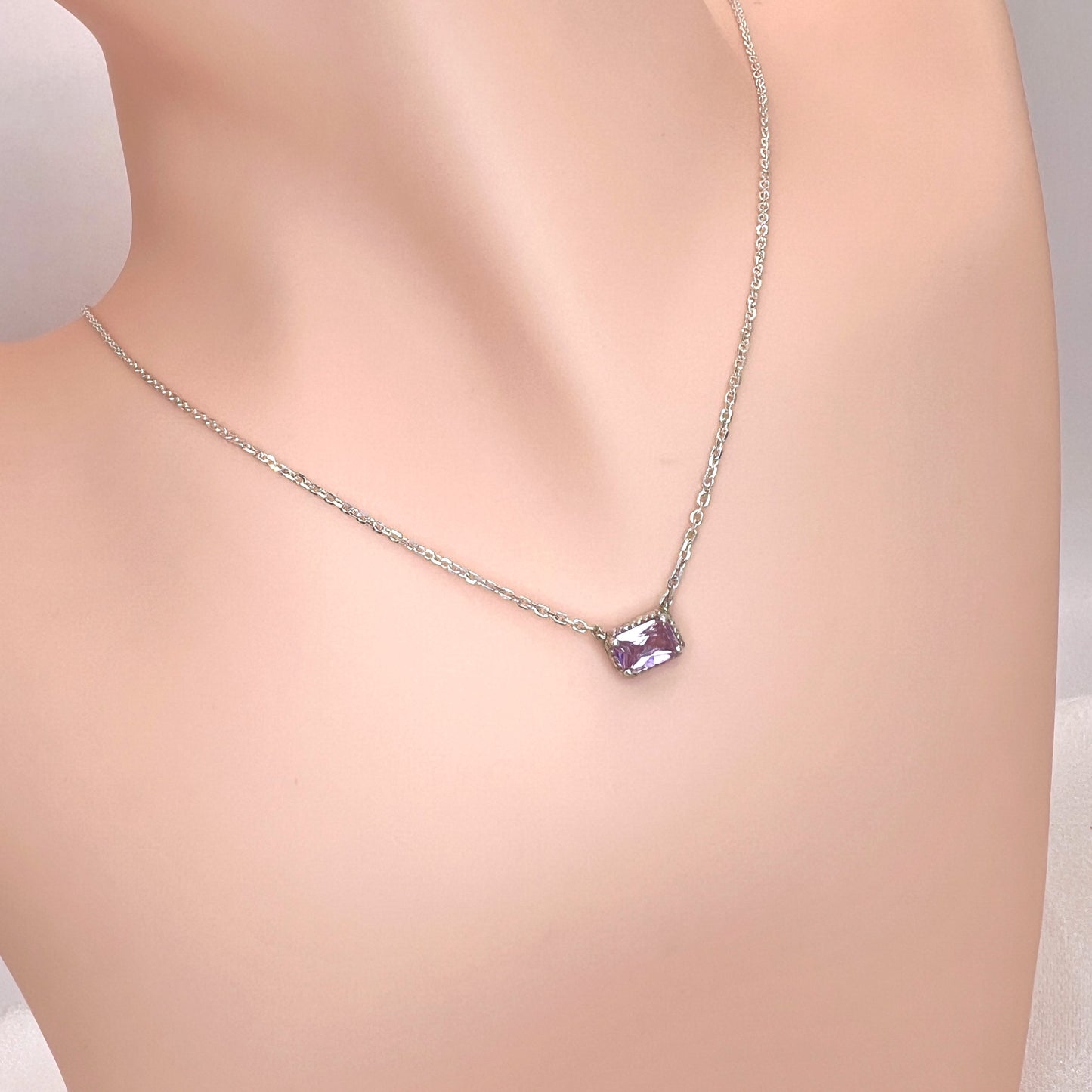 Solid 14K Gold Emerald Cut Birthstone Necklace, 925 Sterling Silver 6x4mm Dainty Rectangle Fancy Charm Pendant, Personalized Gift for Her