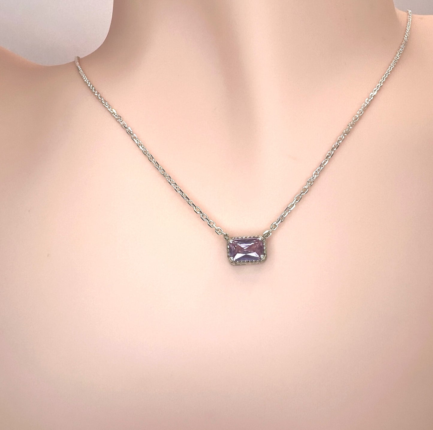 Solid 14K Gold Emerald Cut Birthstone Necklace, 925 Sterling Silver 6x4mm Dainty Rectangle Fancy Charm Pendant, Personalized Gift for Her