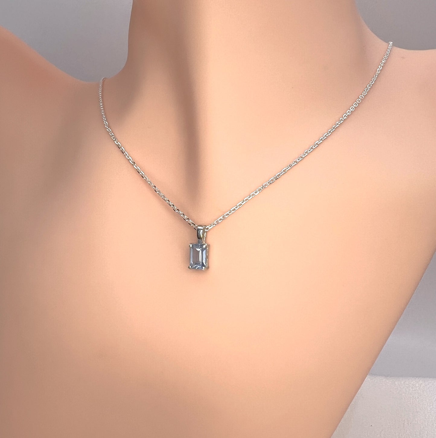 Solid 14K Gold Emerald Cut Birthstone Pendant, 925 Sterling Silver 6x4mm Dainty Rectangle Plain Necklace Personalized Gift for Her Stackable