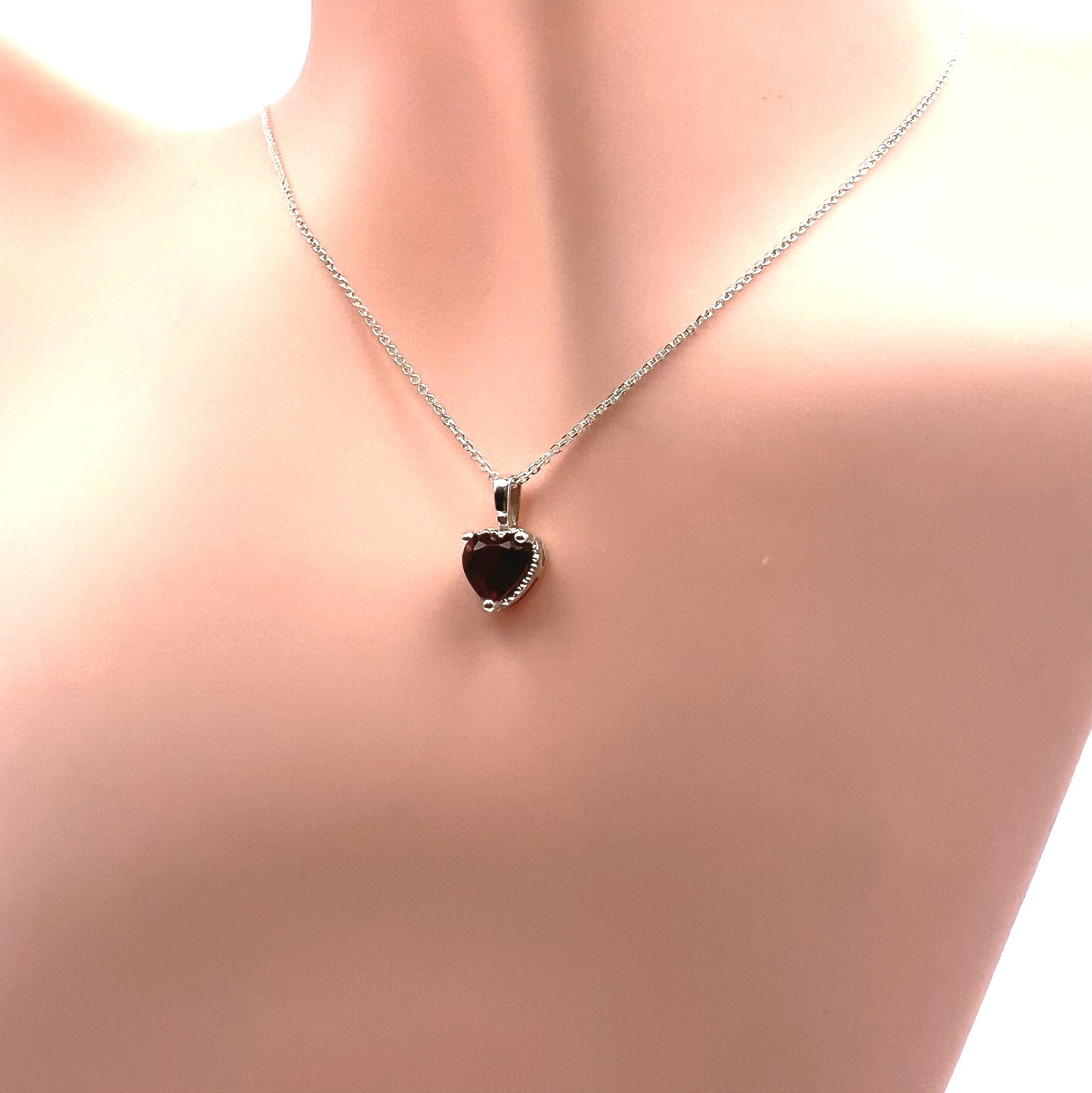 Solid 14K Gold Heart Birthstone Pendant, 925 Sterling Silver 6mm Large Grain Fancy Beaded Charm Necklace Personalized Gift for Her Stackable