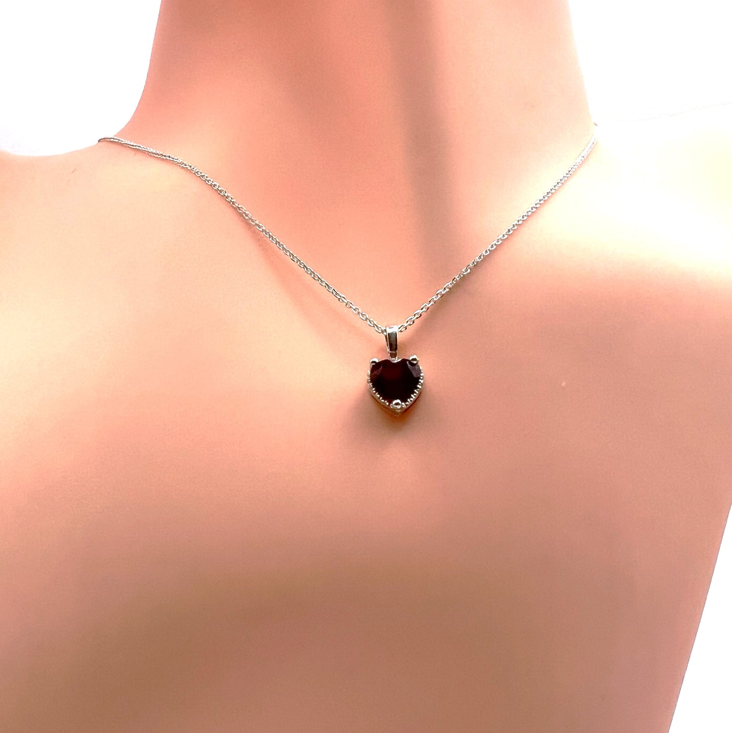 Solid 14K Gold Heart Birthstone Pendant, 925 Sterling Silver 6mm Large Grain Fancy Beaded Charm Necklace Personalized Gift for Her Stackable