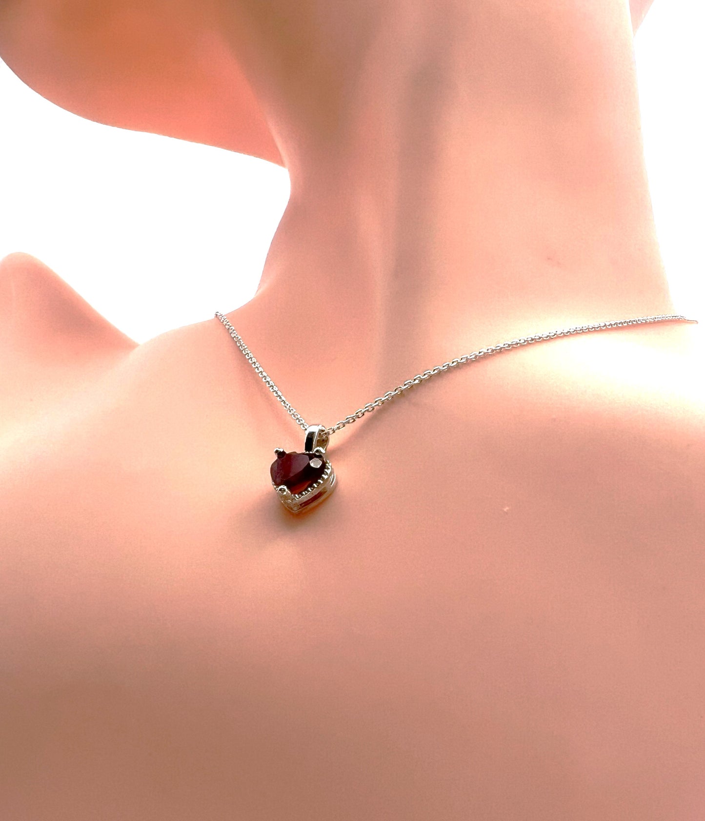 Solid 14K Gold Heart Birthstone Pendant, 925 Sterling Silver 6mm Large Grain Fancy Beaded Charm Necklace Personalized Gift for Her Stackable