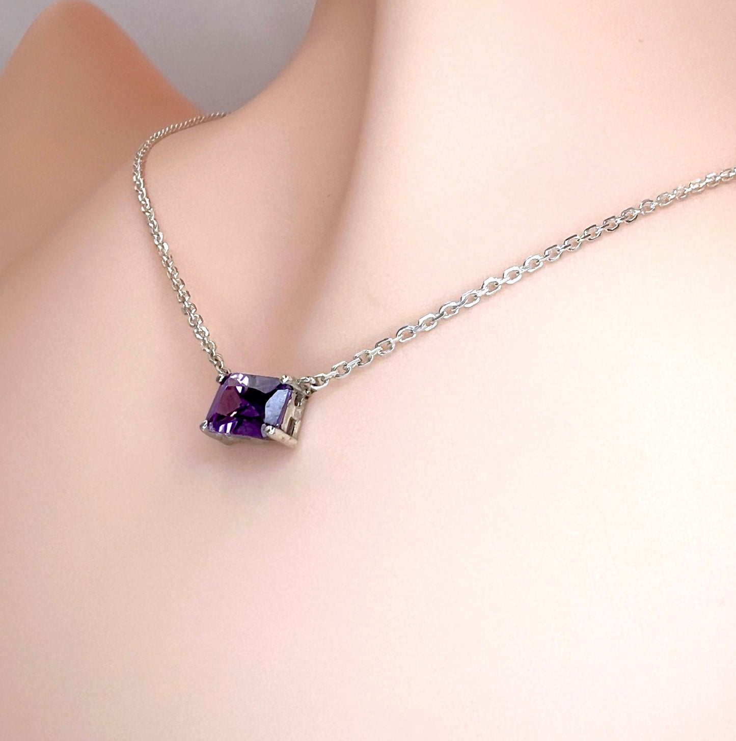 Solid 14K Gold Emerald Cut Birthstone Necklace, 925 Sterling Silver 7x5mm Dainty Rectangle Plain Charm Pendant, Personalized Gift for Her