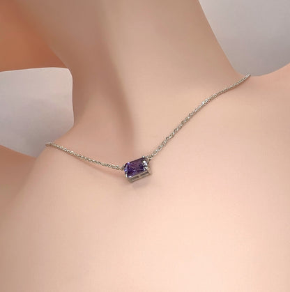 Solid 14K Gold Emerald Cut Birthstone Necklace, 925 Sterling Silver 7x5mm Dainty Rectangle Plain Charm Pendant, Personalized Gift for Her