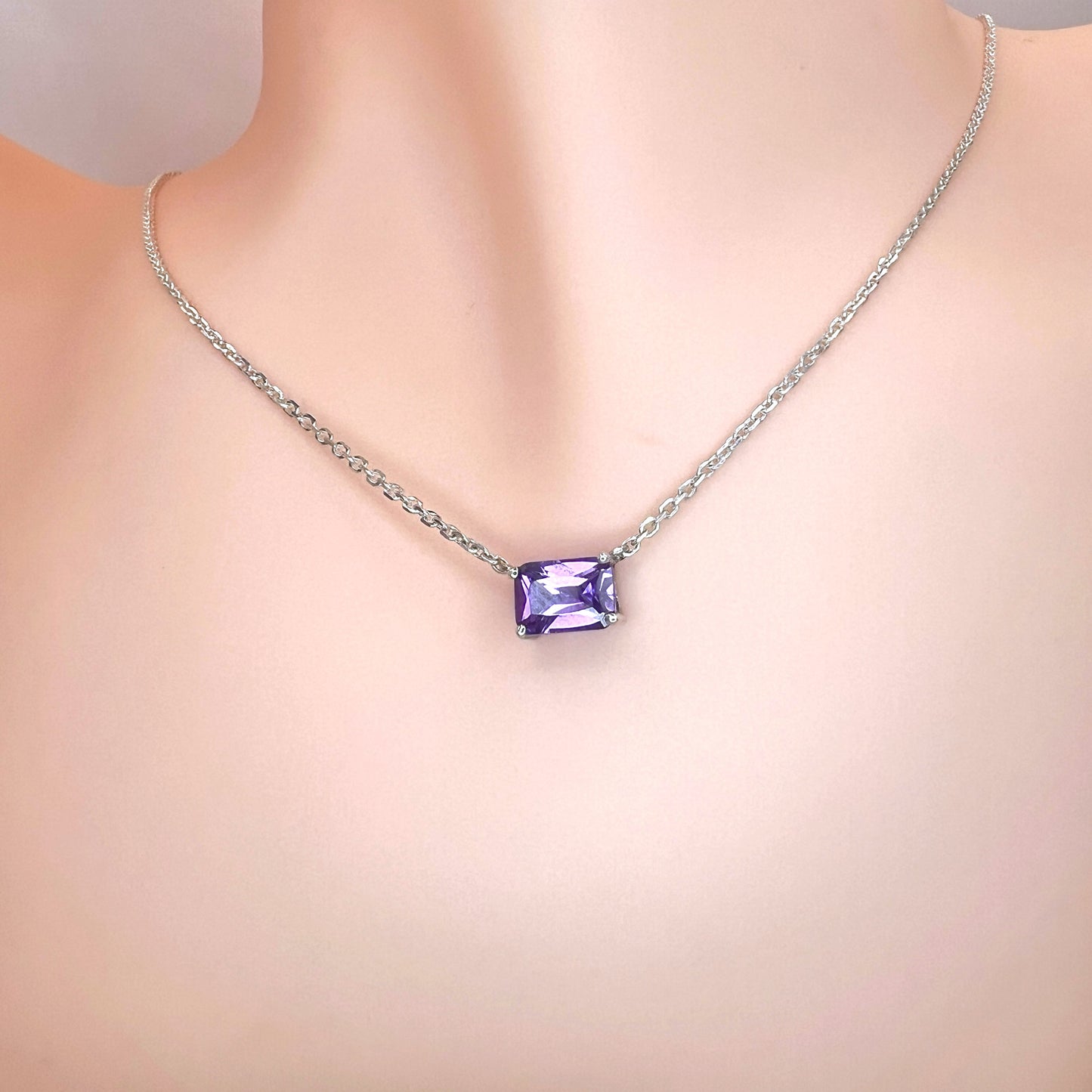 Solid 14K Gold Emerald Cut Birthstone Necklace, 925 Sterling Silver 7x5mm Dainty Rectangle Plain Charm Pendant, Personalized Gift for Her