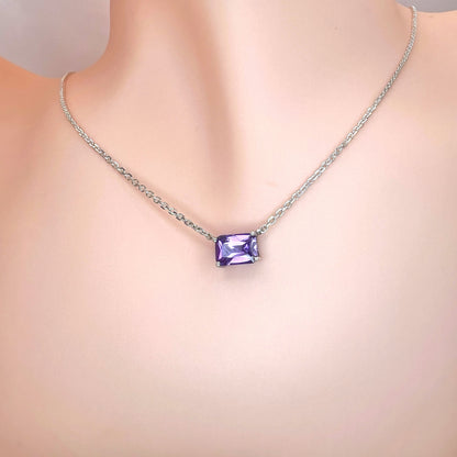 Solid 14K Gold Emerald Cut Birthstone Necklace, 925 Sterling Silver 7x5mm Dainty Rectangle Plain Charm Pendant, Personalized Gift for Her
