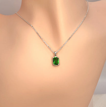 Solid 14K Gold Emerald Cut Birthstone Pendant, 925 Sterling Silver 7x5mm Rectangle Fancy Beaded Necklace Personalized Gift for Her Stackable