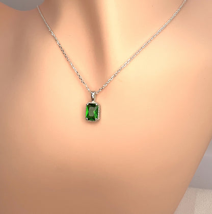 Solid 14K Gold Emerald Cut Birthstone Pendant, 925 Sterling Silver 7x5mm Rectangle Fancy Beaded Necklace Personalized Gift for Her Stackable
