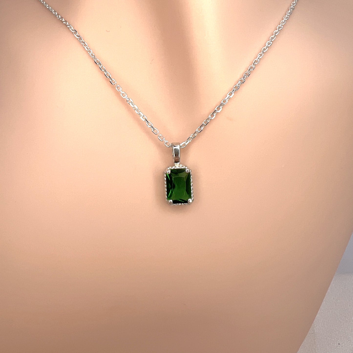 Solid 14K Gold Emerald Cut Birthstone Pendant, 925 Sterling Silver 7x5mm Rectangle Fancy Beaded Necklace Personalized Gift for Her Stackable