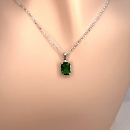Solid 14K Gold Emerald Cut Birthstone Pendant, 925 Sterling Silver 7x5mm Rectangle Fancy Beaded Necklace Personalized Gift for Her Stackable