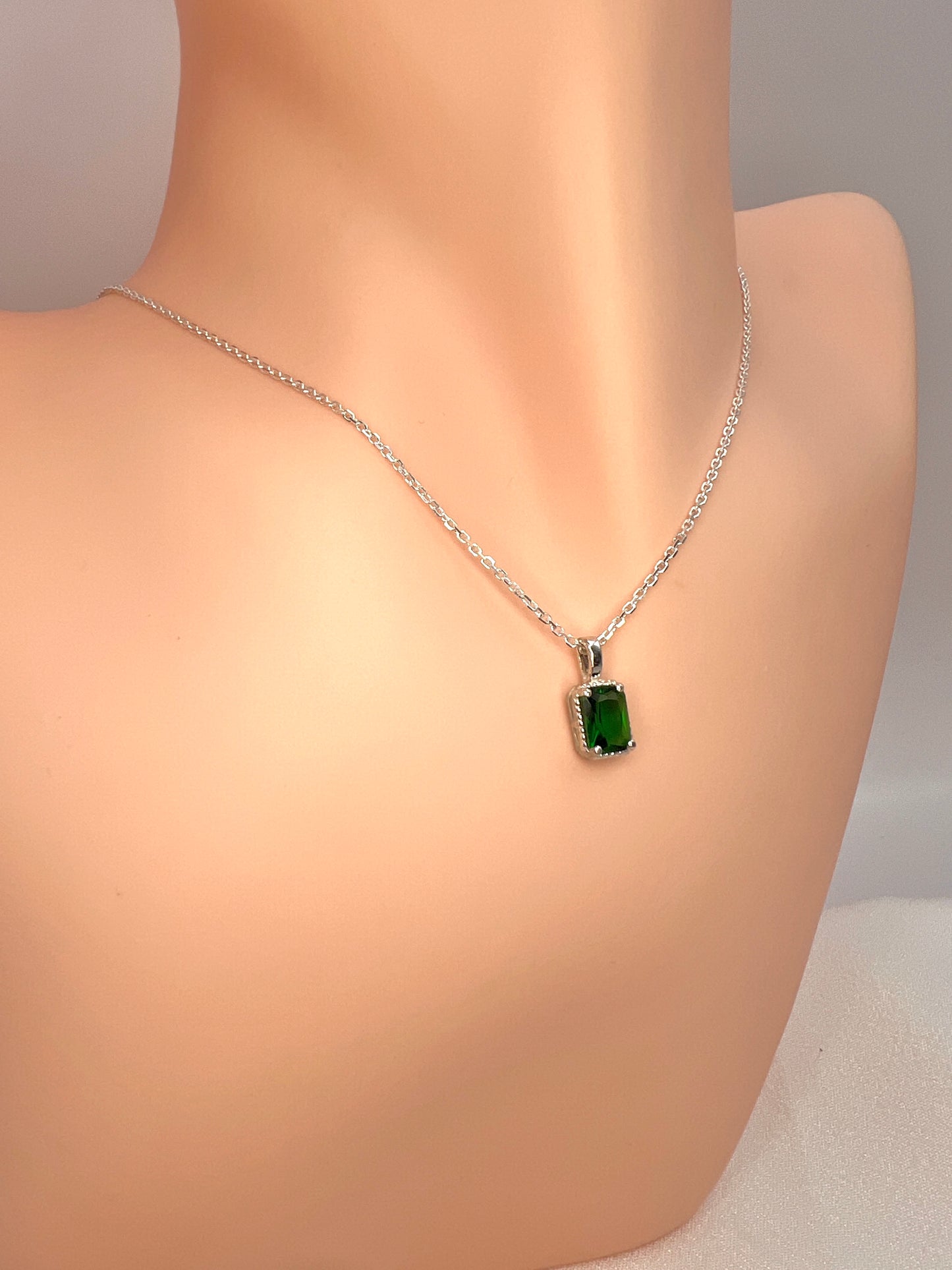 Solid 14K Gold Emerald Cut Birthstone Pendant, 925 Sterling Silver 7x5mm Rectangle Fancy Beaded Necklace Personalized Gift for Her Stackable