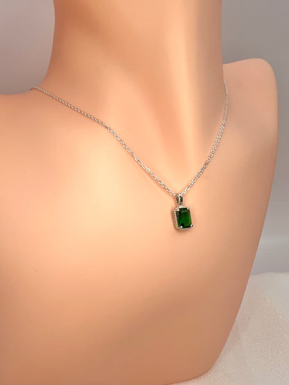 Solid 14K Gold Emerald Cut Birthstone Pendant, 925 Sterling Silver 7x5mm Rectangle Fancy Beaded Necklace Personalized Gift for Her Stackable