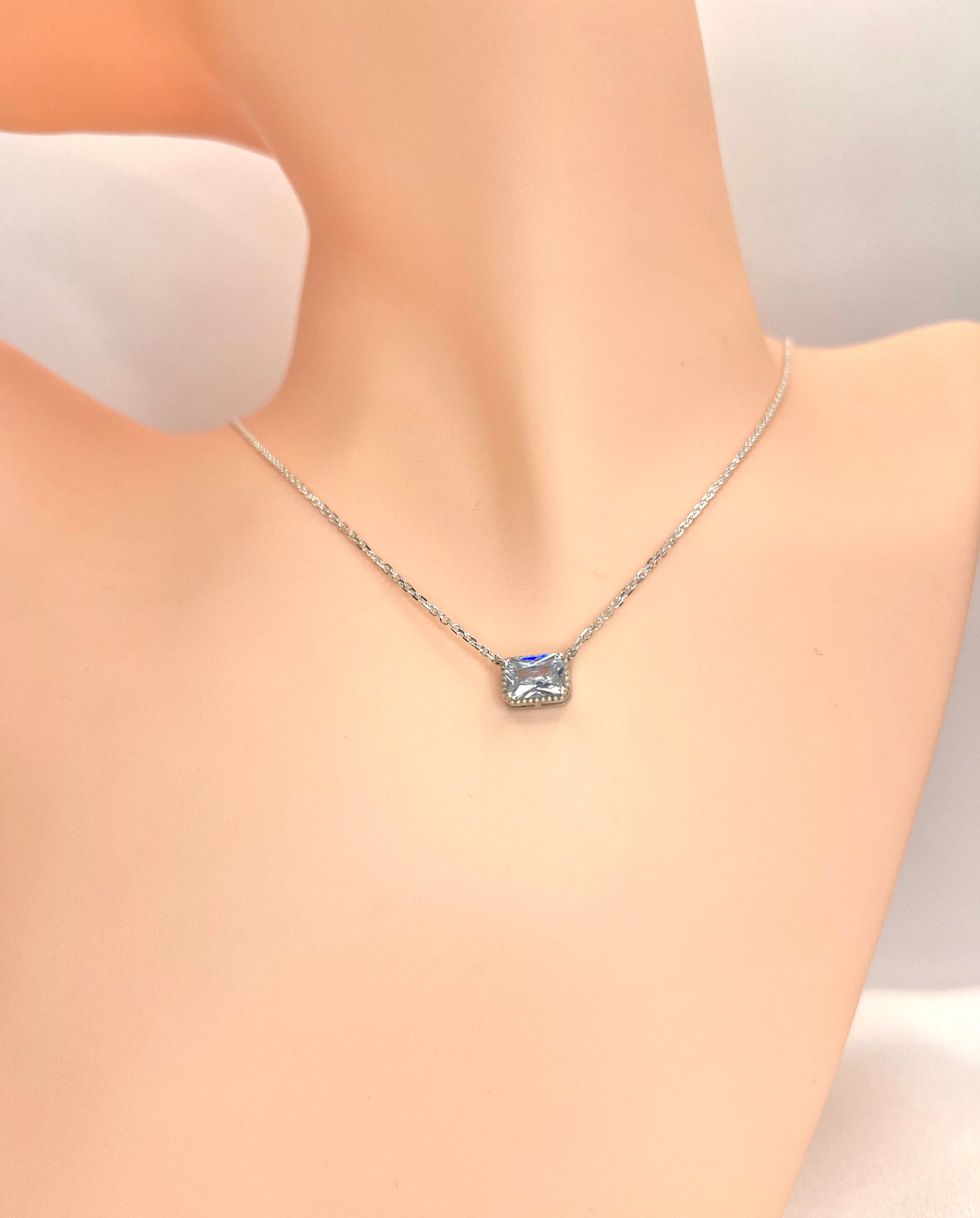 Solid 14K Gold Emerald Cut Birthstone Necklace, 925 Sterling Silver 7x5mm Dainty Rectangle Fancy Charm Pendant, Personalized Gift for Her
