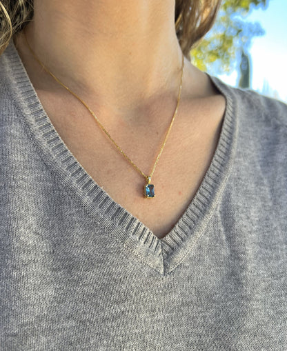 Solid 14K Gold Emerald Cut Birthstone Pendant, 925 Sterling Silver 7x5mm Rectangle Fancy Beaded Necklace Personalized Gift for Her Stackable