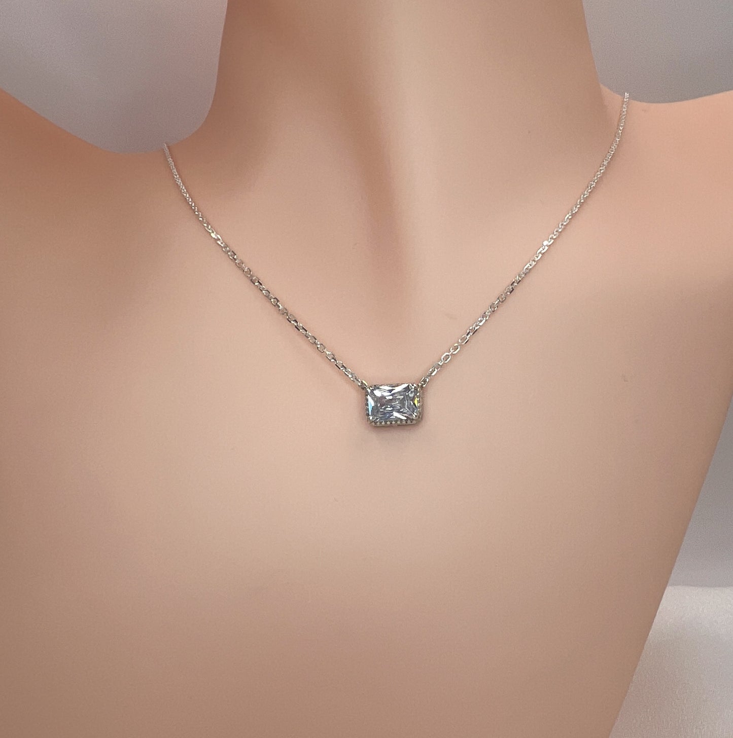 Solid 14K Gold Emerald Cut Birthstone Necklace, 925 Sterling Silver 7x5mm Dainty Rectangle Fancy Charm Pendant, Personalized Gift for Her
