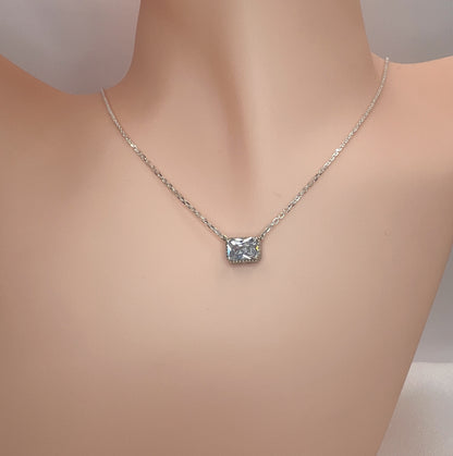 Solid 14K Gold Emerald Cut Birthstone Necklace, 925 Sterling Silver 7x5mm Dainty Rectangle Fancy Charm Pendant, Personalized Gift for Her