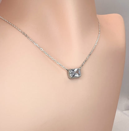 Solid 14K Gold Emerald Cut Birthstone Necklace, 925 Sterling Silver 7x5mm Dainty Rectangle Fancy Charm Pendant, Personalized Gift for Her