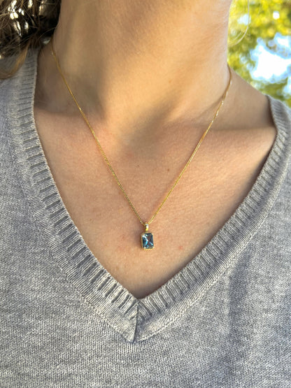 Solid 14K Gold Emerald Cut Birthstone Pendant, 925 Sterling Silver 7x5mm Rectangle Fancy Beaded Necklace Personalized Gift for Her Stackable