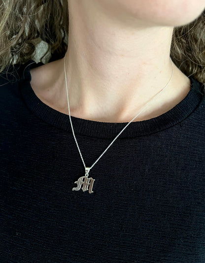 Gothic Old English Initial Necklace 925 Sterling Silver, Sand-Blasted Textured Custom Letter Pendant, Edgy Monogram Gift