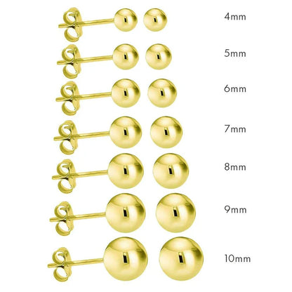 14K Gold Plated Ball Stud Earrings, 925 Sterling Silver Bead Studs for Men & Women, Dainty 3mm Minimalist to Bold 10mm Spherical Piercing