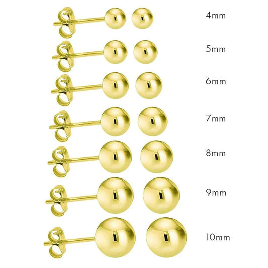 14K Gold Plated Ball Stud Earrings, 925 Sterling Silver Bead Studs for Men & Women, Dainty 3mm Minimalist to Bold 10mm Spherical Piercing