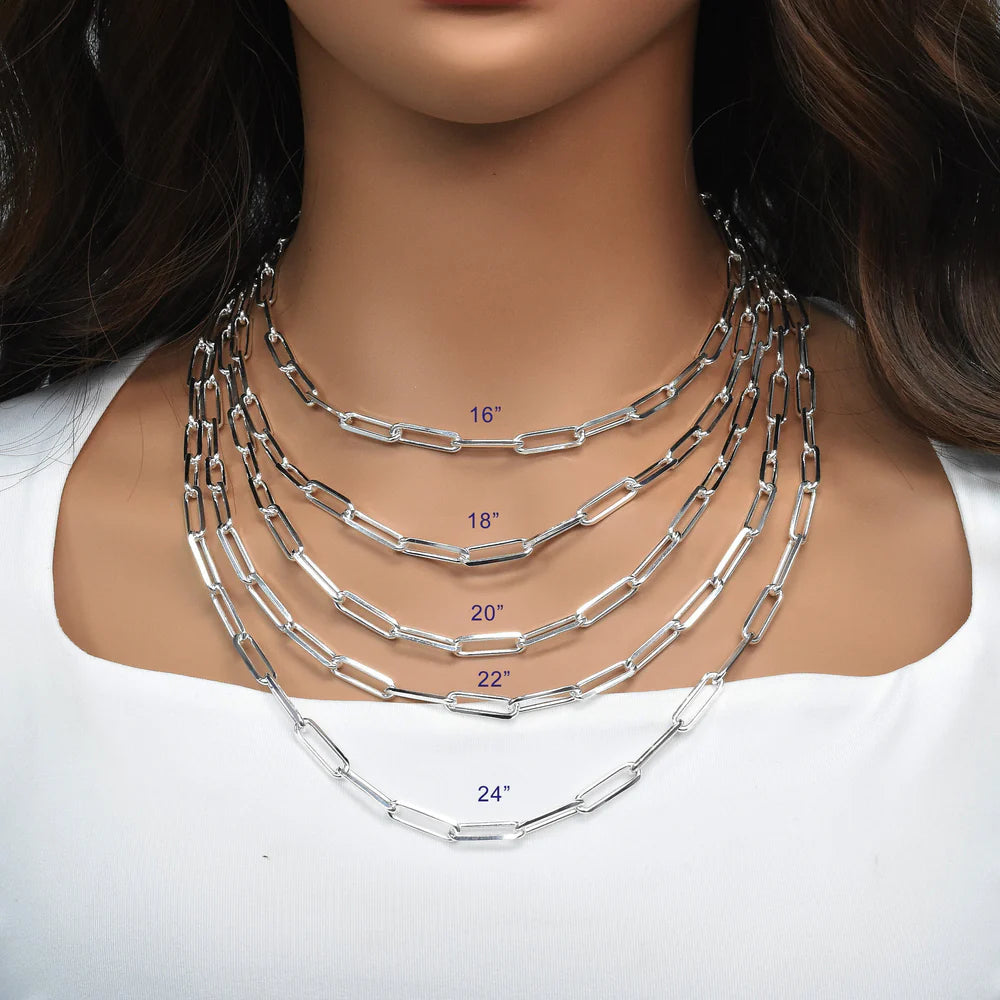 Solid 925 Sterling Silver Paperclip Chain, Diamond Cut Flat Edge Link Necklace for Men & Women, Premium Solid Silver Link Chain for Charms