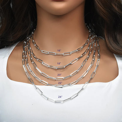 Solid 925 Sterling Silver Paperclip Chain, Diamond Cut Flat Edge Link Necklace for Men & Women, Premium Solid Silver Link Chain for Charms