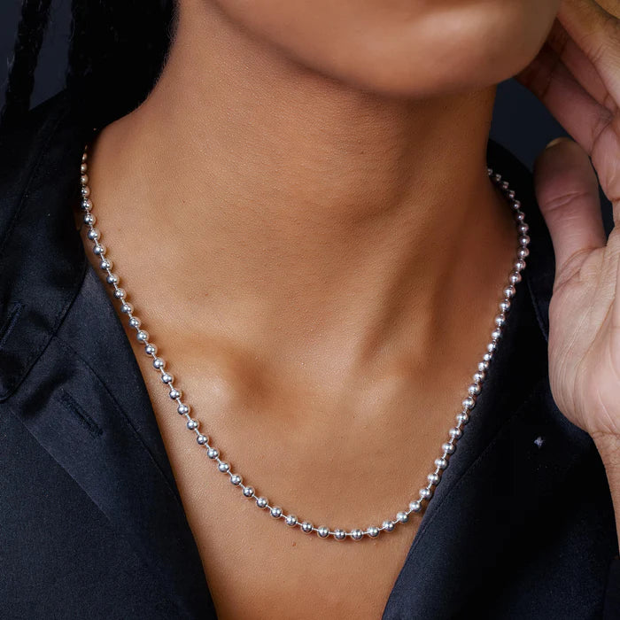 Solid 925 Sterling Silver Ball Chain, High Polish Beaded Necklace for Men & Women, Military Bead Chain Premium Solid Silver Dog Tag Necklace