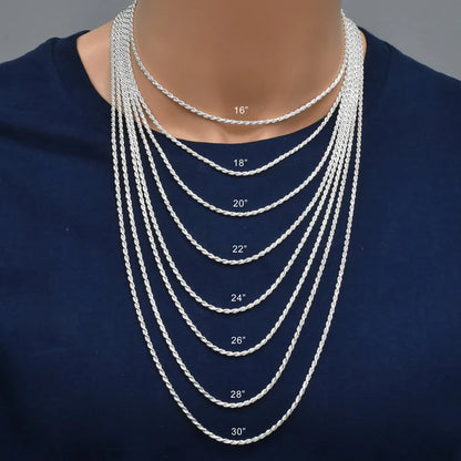 Solid 925 Sterling Silver Diamond Cut Rope Chain, High Polish Twisted Braid Necklace for Men & Women, Premium Silver Rope Chain Necklace